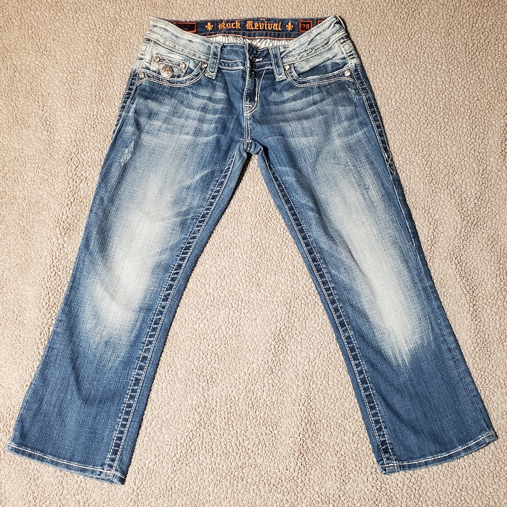 Rock Revival  Low Rise Thick Stich Bling Denim Capri Jeans Y2K women Sz 28